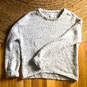 "Cozy Elegance: Gray & White Knit Sweater, Size Small, Crewneck Comfort"